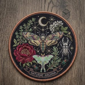 Custom Naturae Arcana Embroidered Patch, Iron On Sew On Hook and Loop Moth Beetle Botanical Gothic Nature Patch, Dark Academia Gift