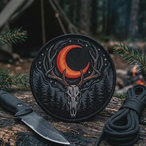Custom Deer Skull Embroidered Patch, Iron On Sew On Hook and Loop Crescent Moon Gothic Forest Patch, Dark Woodland Outdoor Backpack Gift