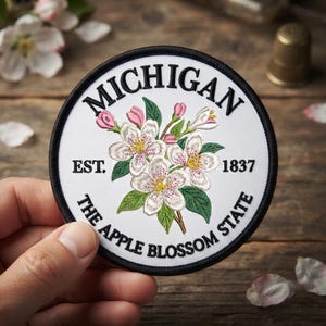 Custom Michigan Embroidered Patch, Iron On Sew On Hook and Loop Apple Blossom State Flower Botanical Travel Souvenir Keepsake Gift
