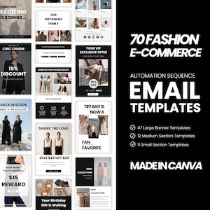 E-Mail- hängt von drei E-Mail-Vorlagen ab, E-Mail-Vorlagen, Fashion Canva E-Mail-Vorlagen, Mailchimp, Klaviyo E-Mail-Kampagne, Willkommens-E-Mail-Serie, E-Mail-Flows