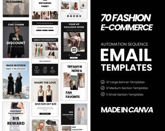 Email Marketing Templates Ecommerce, Fashion Canva Email templates, Mailchimp, Klaviyo email campaign, Welcome email series, Email Flows