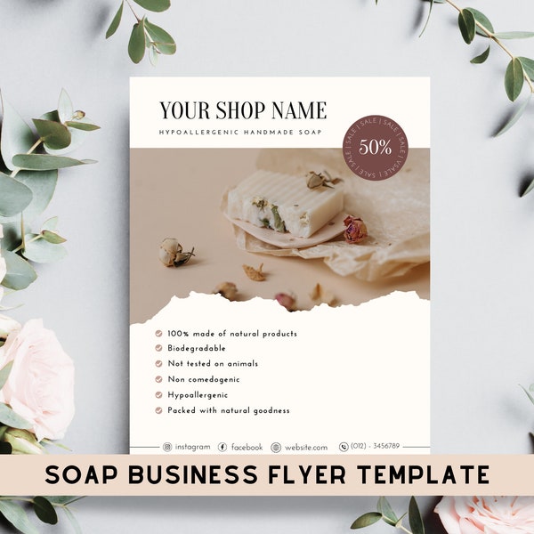 Flyer Template Handmade Soap Business Shop sale flyer templates Autumn sale flyer template Editable in canva Artisan soap flyer template DIY