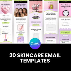 Może przedstawiać: Zbiór 20 szablonów wiadomości e-mail dla firm zajmujących się pielęgnacją skóry. Szablony mają różowo-zieloną kolorystykę i zawierają tekst, taki jak "Twoja skóra zasługuje na odrobinę miłości", "Idealna rutyna pielęgnacyjna dla Twojego typu skóry", "Ups! Zapomniałeś o czymś w koszyku", "Hurra! Twoje zamówienie na kosmetyki do pielęgnacji skóry zostało potwierdzone" i "Twoje ulubione produkty do pielęgnacji skóry są prawie wyprzedane!"