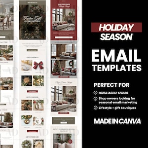 Könnte beinhalten: Eine digitale Marketinggrafik mit dem Text "Holiday Season Email Templates" in Weiß auf schwarzem Hintergrund. Die Grafik enthält auch den Text "Perfect For" und listet Wohnmarken, Shop-Besitzer und Lifestyle-Boutiquen auf.