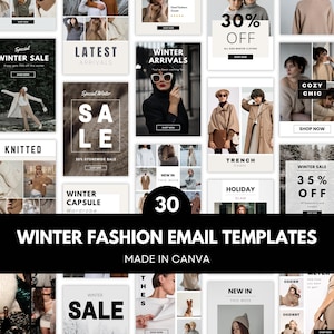 Könnte beinhalten: Eine Sammlung von E-Mail-Vorlagen für Wintermode. Die Vorlagen zeigen Winterkleidung, darunter Mäntel und Strickwaren. Texte wie "Winter Sale" und "New Arrivals" sind enthalten.