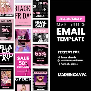 Black Friday Email Marketing Templates for Ecommerce Stores, Canva Pink and Black Email templates, Mailchimp, Klaviyo Sales campaign email