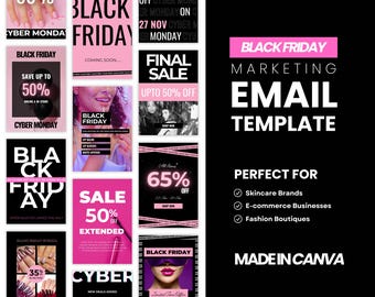 Black Friday Email Marketing Templates for Ecommerce Stores, Canva Pink and Black Email templates, Mailchimp, Klaviyo Sales campaign email