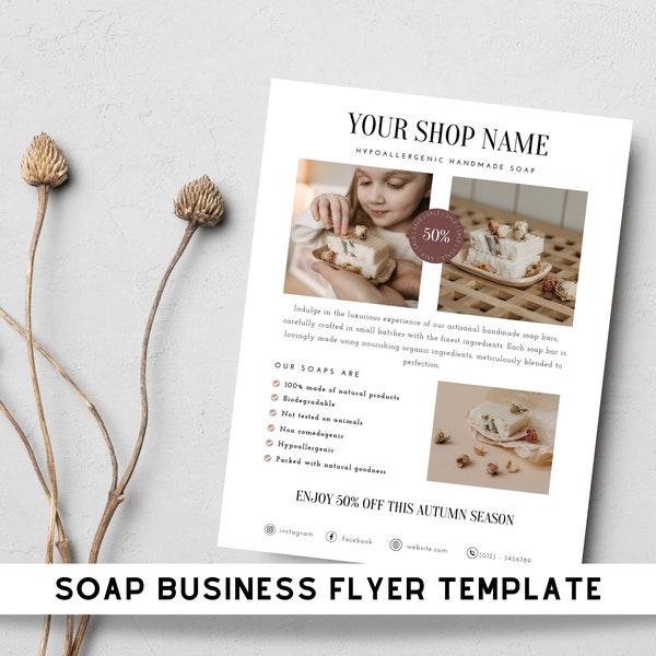 Flyer Template Handmade Soap Business Shop sale flyer templates Autumn sale flyer template Editable in canva Artisan soap flyer template DIY