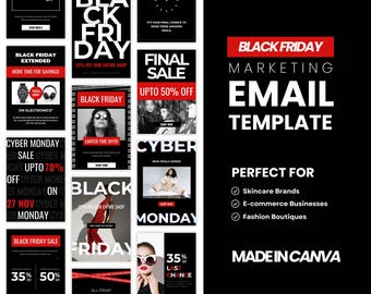 Black Friday Cyber Monday Email Marketing Templates for Ecommerce Stores, Canva Email templates BFCM, Mailchimp, Klaviyo Sales campaign,