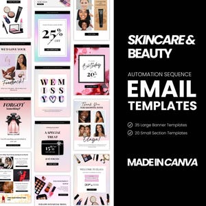 メールマーケティングテンプレート、スキンケア美容、ファッションCanvaテンプレート、Mailchimp、Klaviyoメールキャンペーン、ウェルカムメールシリーズ、メールフロー