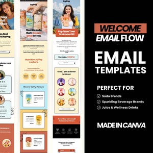 Puede incluir: Gráfico promocional para el refresco JoyPop, con plantillas de correo electrónico. El diseño incluye imágenes de latas de refresco, una mujer sosteniendo una lata y texto como "Welcome Email Flow" y "Perfect For Soda Brands."