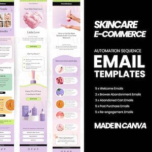 メール マーケティング テンプレート Canva、編集可能なビューティー ウェルカム、閲覧放棄、カート放棄、購入後、再エンゲージメント メール シリーズ