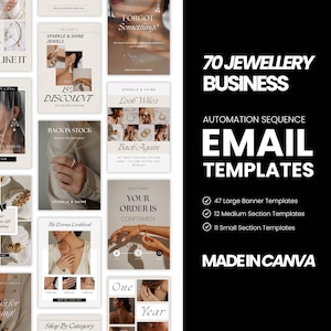 メールマーケティングテンプレート Eコマース、ジュエリーCanvaメールテンプレート、Mailchimp、Klaviyoメールキャンペーン、ウェルカムメールシリーズ、メールフロー