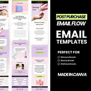 Könnte beinhalten: Drei rosa und violette E-Mail-Vorlagen für Hautpflege-, Beauty- und Wellness-Marken. Die Vorlagen enthalten Produktbilder, Text und Schaltflächen. Der Text enthält "Post-Kauf-E-Mail-Flow", "E-Mail-Vorlagen", "Perfekt für", "Hautpflegemarken", "Beautymarken", "Wellnessmarken", "Erstellt mit Canva" und "Jetzt beitreten".
