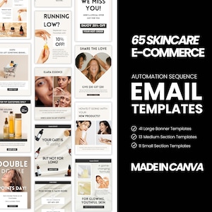 Mallar för e-postmarknadsföring Canva, e-postmall för varumärken inom neutral hudvård, Mailchimp, Klaviyo e-postkampanj, välkomstmejlserie, e-postflöden