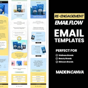 Może przedstawiać: Szablony e-mail do ponownego zaangażowania, idealne dla marek wellness, beauty i pielęgnacji skóry. Projekt zawiera niebieskie i żółte schematy kolorów ze zdjęciami produktów i recenzjami klientów. Tekst zawiera "Marine Collagen" i "Made in Canva".