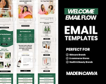 May include: Three green and white email templates for skincare brands. The templates feature a welcome email flow, a product showcase, and a best sellers email. The templates are designed in Canva.