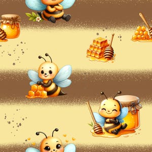 Könnte beinhalten: Ein sich wiederholendes Muster mit Cartoon-Bienen mit blauen Flügeln, Waben und Honigtöpfen. Die Bienen lächeln und haben schwarz-gelb gestreifte Körper. Der Hintergrund ist hellgelb mit braunen Pinselstrichen.