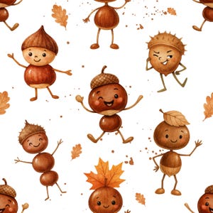 Könnte beinhalten: Aquarell-Illustration eines nahtlosen Musters mit Cartoon-Eicheln und -Kastanien mit lächelnden Gesichtern, braunen Körpern und Blättern. Der Hintergrund ist weiß mit braunen Sprenkeln und verstreuten Blättern.