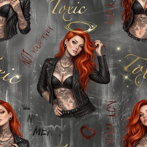 Könnte beinhalten: Ein sich wiederholendes Muster mit Illustrationen einer Frau mit roten Haaren, Tätowierungen und einer schwarzen Lederjacke. Der Hintergrund ist ein strukturierter Grauton mit goldenem Text, der "Toxic" und "Not Your Type" lautet.