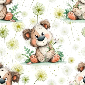 Może przedstawiać: Bezszwowy wzór przedstawiający kreskówkowego szczeniaka z brązowo-białym futrem, siedzącego wśród dmuchawców i zielonych liści. Szczeniak ma przyjazny wyraz twarzy i trzyma mały kwiat. Tło jest białe z rozrzuconymi nasionami dmuchawca.