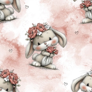 Könnte beinhalten: Ein sich wiederholendes Muster mit entzückenden Cartoon-Hasen mit Blumenkränzen und -sträußen. Die Hasen sind in sitzender Position dargestellt, mit sanften, neutralen Tönen und rosigen Wangen. Der Hintergrund ist eine Aquarellwaschung in Rosatönen.