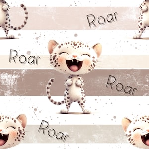 Könnte beinhalten: Nahtloses Muster mit Cartoon-Leoparden mit schwarzen Flecken, die lächeln und brüllen. Der Hintergrund hat horizontale Streifen in Beige- und Weißtönen, mit dem Wort "Roar" in einer verspielten Schriftart.