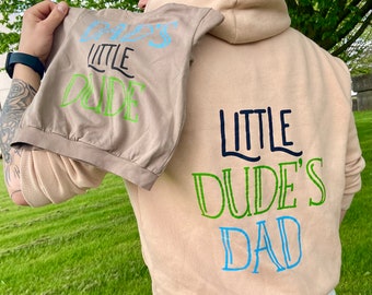 Hoodie Partnerlook Daddy & Baby - Little Dude's Dad / Dad's Little Dude -  Farbe Grau oder Beige - verschiedene Größen - Vatertagsgeschenk