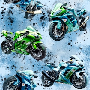 Könnte beinhalten: Ein sich wiederholendes Muster aus farbenfrohen Sportmotorrädern in Grün- und Blautönen vor einem hellblauen Hintergrund mit schwarzen Spritzern. Die Motorräder sind detailliert mit realistischen Merkmalen.