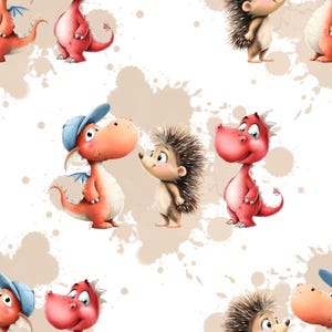 Könnte beinhalten: Nahtloses Muster mit Cartoon-Drachen und -Igeln in einem sich wiederholenden Design. Die Drachen sind rot und orange mit blauen Akzenten, und die Igel sind braun. Der Hintergrund ist weiß mit beigefarbenen Farbspritzern.