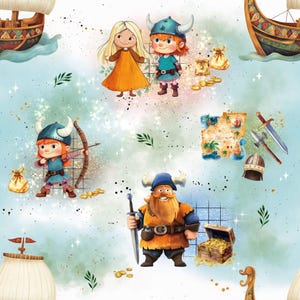 Könnte beinhalten: Eine skurrile Illustration mit Cartoon-Wikinger, Schatzkisten, Karten, Schwertern und Wikingerschiffen. Die Charaktere tragen traditionelle Wikingerkleidung, darunter Hörnerhelme und Waffen. Der Hintergrund ist hellblau mit funkelnden Akzenten.