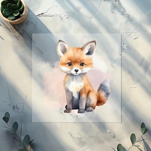 Könnte beinhalten: Ein Aquarellbild eines niedlichen orangefarbenen und weißen Fuchses vor rosa Hintergrund. Der Fuchs sitzt mit seinen Pfoten zusammen und schaut den Betrachter an.