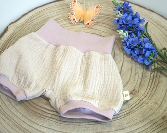 Pumphose kurz aus Musselin  in Beige, Bündchen in Rosa, Sommerhose, Shorts Baby Junge Mädchen Größe 56/62/68/74/80/92