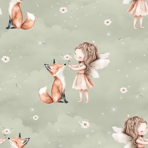 Könnte beinhalten: Ein sich wiederholendes Muster auf hellsalbeigrüner Grundfarbe mit Illustrationen von braunen Füchsen, kleinen weißen Gänseblümchen und Figuren mit braunem Haar und weißen Flügeln in hellen Kleidern, akzentuiert durch kleine weiße Lichtpunkte.