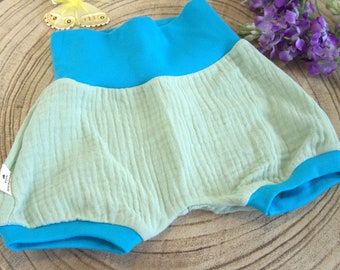 Pumphose kurz Musselin Sommerhose, Shorts mit elastischem blauem Bund mintgrün Baby Junge Mädchen  bequeme Leicht luftig Größe 56 & 62