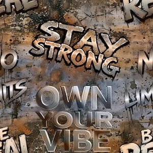 Könnte beinhalten: Grafik im Grunge-Stil mit den Worten "Stay Strong" und "Own Your Vibe" in metallischen Buchstaben. Der Hintergrund hat ein abgenutztes, strukturiertes Aussehen mit Spritzern und anderen Wörtern.