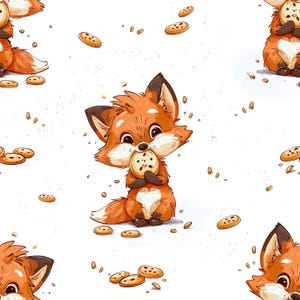 Könnte beinhalten: Ein sich wiederholendes Muster aus Cartoon-Füchsen und Keksen auf weißem Hintergrund. Die Füchse sind orange mit weißen Bäuchen und schwarzen Ohren. Jeder Fuchs hält einen Schokoladenchip-Keks. Kekse sind um die Füchse verstreut.
