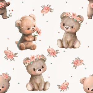 Könnte beinhalten: Ein nahtloses Muster mit braunen Teddybären mit rosa Blumenkränzen und rosa Blumen auf weißem Hintergrund.