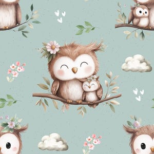 Könnte beinhalten: Ein nahtloses Muster mit braunen Eulen mit rosa Blumen und weißen Wolken auf hellblauem Hintergrund. Die Eulen sind mit lächelnden Gesichtern und geschlossenen Augen dargestellt, was ein fantasievolles und charmantes Design ergibt.