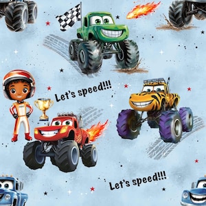 Könnte beinhalten: Hellblauer Hintergrund mit Cartoon-Monstertrucks in Grün, Rot und Gelb. Die Trucks haben große Reifen und lächelnde Gesichter. Ein Rennfahrer und eine Trophäe sind ebenfalls vorhanden. Der Text "Let's speed!!!" wird angezeigt.