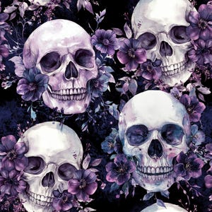 Könnte beinhalten: Ein sich wiederholendes Muster mit weißen Totenköpfen und lila Blumen vor dunklem Hintergrund. Die Totenköpfe haben detaillierte Merkmale, und die Blumen blühen, wodurch ein gotisches Blumendesign entsteht.