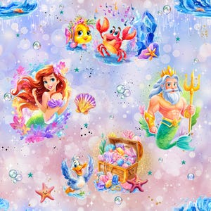 Könnte beinhalten: Ein skurriles, nahtloses Muster mit Zeichentrickfiguren zum Thema Unterwasserwelt. Das Design umfasst eine Meerjungfrau, eine Krabbe, einen Fisch, eine Ente, eine Schatzkiste und andere Meereselemente in einer Pastellfarbpalette.