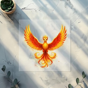 Könnte beinhalten: Eine lebendige Illustration eines Phönix mit ausgebreiteten Flügeln, die eine feurige Palette aus Orange, Gelb und Rot zeigt. Das Kunstwerk weist komplizierte Federdetails und ein stilisiertes, symmetrisches Design vor einem neutralen Hintergrund auf.