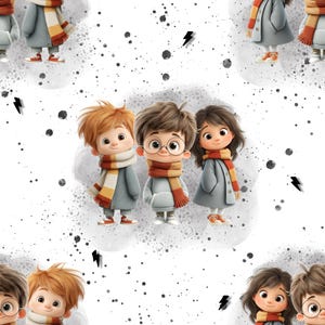 Könnte beinhalten: Nahtloses Muster mit Cartoon-Kindern in grauen Mänteln und bunten Schals. Die Kinder haben verschiedene Haarfarben und tragen passende Schals. Der Hintergrund ist weiß mit schwarzen Spritzern und Blitzgrafiken.