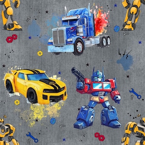 Könnte beinhalten: Ein nahtloses Muster mit Illustrationen von Transformers-Charakteren und -Fahrzeugen. Das Design umfasst einen blauen Sattelzug mit Flammen, einen gelben Sportwagen und Roboterfiguren, vor einem grauen Denim-ähnlichen Hintergrund mit Werkzeugen und Sternen.