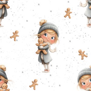 Könnte beinhalten: Ein sich wiederholendes Muster mit einem Cartoon-Mädchen mit blonden Haaren, das einen grauen Mantel, eine Mütze und einen Schal trägt und einen Lebkuchenmann hält. Der Hintergrund ist weiß mit verstreuten Sternen und kleinen grauen Punkten. Lebkuchenmänner sind ebenfalls im Muster verstreut.