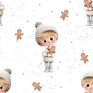 Könnte beinhalten: Ein sich wiederholendes Muster mit einem Cartoon-Kind, das einen weißen Pullover und eine graue Strickmütze mit Bommel trägt und einen Lebkuchenmann hält. Der Hintergrund ist weiß mit grauen Sternen und Sprenkeln.