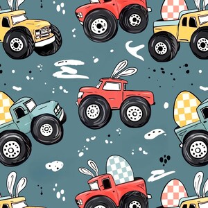 Könnte beinhalten: Ein sich wiederholendes Muster aus bunten Monstertrucks in Rot, Gelb und Blau, mit großen schwarzen Reifen und Hasenohren. Die Trucks transportieren Ostereier mit karierten Mustern. Der Hintergrund ist ein gedämpftes Türkis mit weißen Akzenten.
