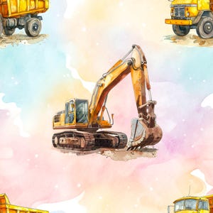 Könnte beinhalten: Aquarellillustration von gelben Baumaschinen, darunter ein Bagger und Muldenkipper, vor einem pastellfarbenen Hintergrund. Der Bagger hat einen detaillierten Eimer und Ketten, und die Lastwagen haben sichtbare Räder.