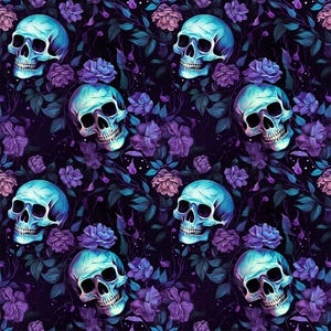 Könnte beinhalten: Ein sich wiederholendes Muster mit türkisfarbenen Totenköpfen und lila Rosen auf dunklem Hintergrund. Die Totenköpfe haben detaillierte Schattierungen, die Rosen sind von grünen und blauen Blättern umgeben.